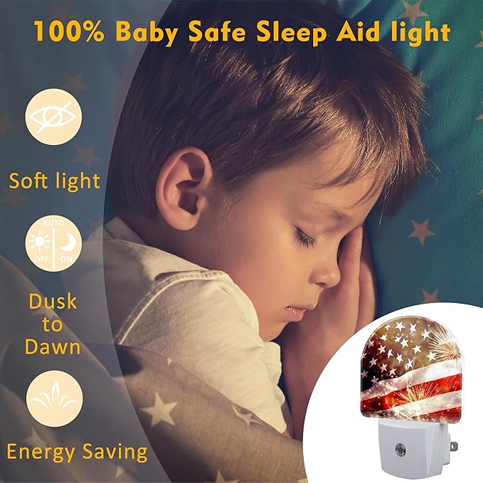 America Flag with Fireworks Night Light Plug into Wall,Vintage The USA Flag Patriotic Dusk to Dawn Night Light,0.5w Energy Saving Sleep Friendly Nightlights for Kids Boys Girls Home