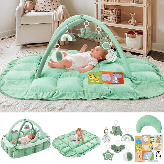 5-in-1 Baby Play Gym and Tummy Time Mat, Tummy Time Pillow & 12 Learning Cards, Plush Activity Mat with 6 Toys, Baby Gym, Convertible to Ball Pit & Pet Bed, Baby Gift, Sage Green