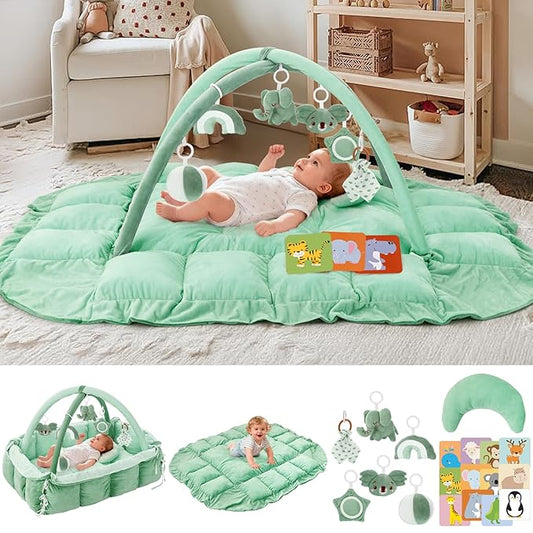 5-in-1 Baby Play Gym and Tummy Time Mat, Tummy Time Pillow & 12 Learning Cards, Plush Activity Mat with 6 Toys, Baby Gym, Convertible to Ball Pit & Pet Bed, Baby Gift, Sage Green