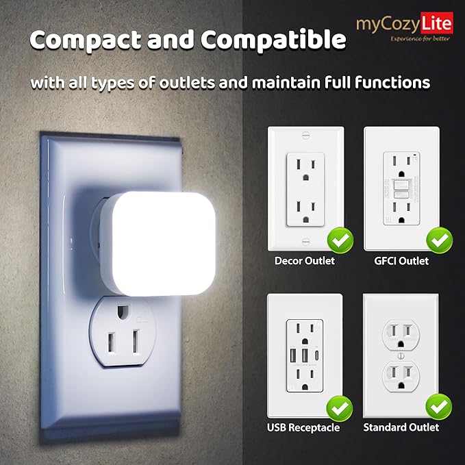 myCozyLite Red Night Lights Plug into Wall, Warm White Light, 2 in 1, Plugin Nightlights 4 Pack, Dusk to Dawn Sensor, Dimmable, Automatic Lights, for Bathroom, Bedroom, Kitchen, Hallways, Nursery