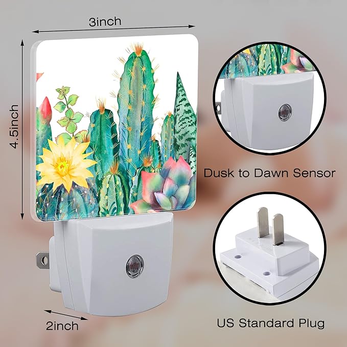 Cactus and Succulents Night Light Plug into Wall, Watercolor Botanical Floral Dusk to Dawn Night Light Plug in,0.5w Energy Saving Sleep Friendly NightLight for Kids Boys Girls Home Decor