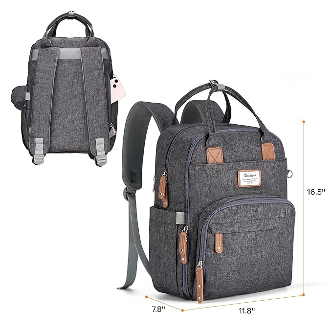 RUVALINO Diaper Bag Backpack, Multifunction Travel Pack Maternity Baby Changing Bags, Large Capacity, Waterproof, Dark Gray