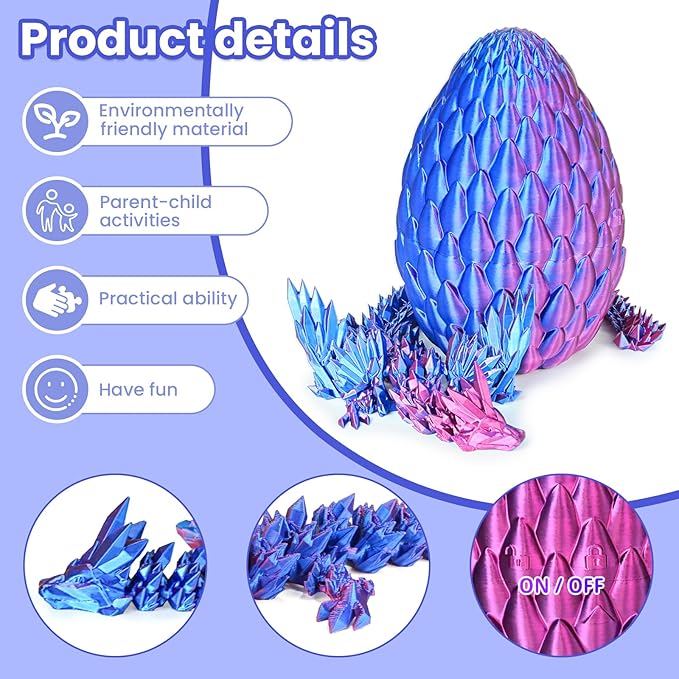 3D Printed Dragon Eggs with Articulated Fly Dragon Inside, Collectible Figurines Fidget Toy for Adults Kids Birthday Easter Christmas White Elephant Gifts for Friends Colleagues(Purple, M size)