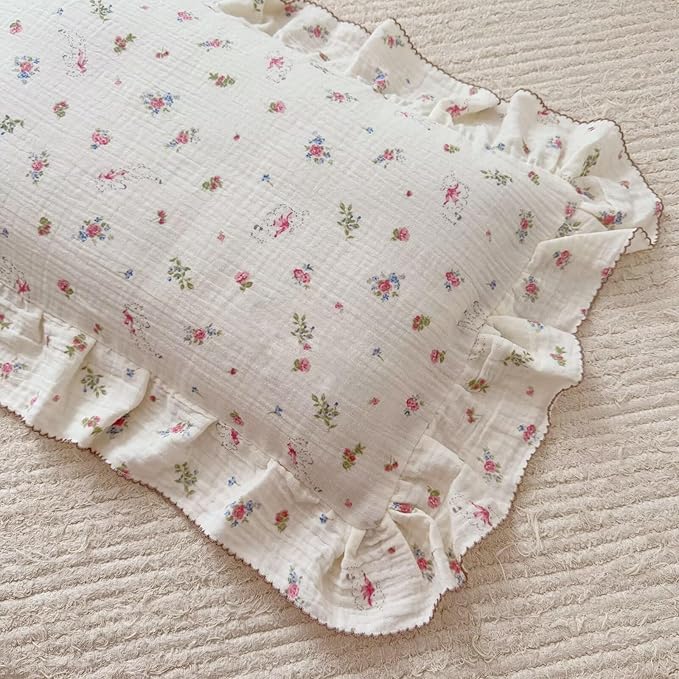 BuLuTu 2 Layers Muslin Cotton Toddler Pillowcase, 1 pc, 14"x20", Cute Pink Flower with Sheep Pattern Small Pillow Cases for Toddler Girls Boys Soft Breathable Pillow Covers, Envelope Closure