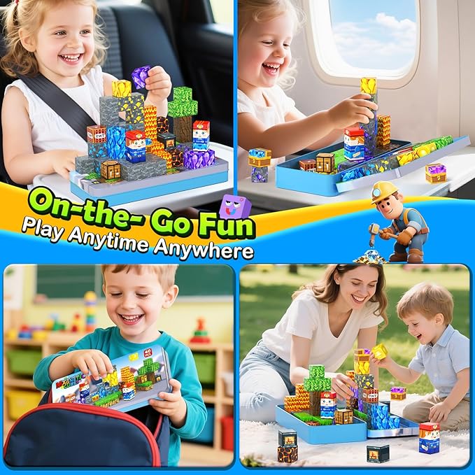 Magnetic Blocks Travel Toys with Metal Tin Travel Essentials STEM Learning Outdoor Building Kids Toddler Toys & Birthday Gifts for Boys Girls Ages 3+