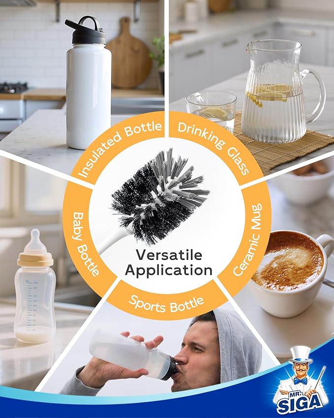 MR.SIGA Water Bottle Brush, Long Handle Bottle Brush for Water Glasses, Baby Bottles, Sports Bottles Cleaning, White, 2 Pack