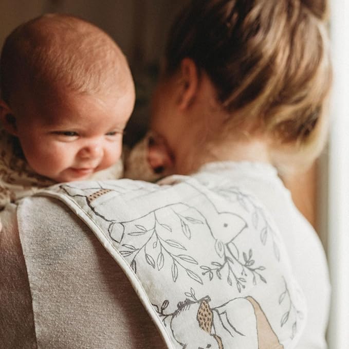 Crane Baby Muslin Burp Cloths Set, Woodland Animals, Gender Neutral Baby Gift, Absorbent Cotton Terry Backing, Machine Washable, 7" X 20"