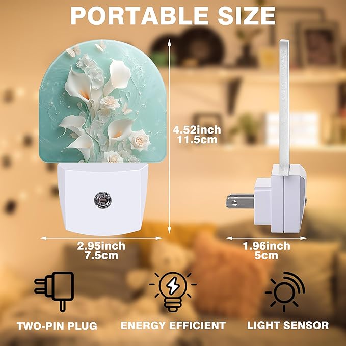 Night Light, White Calla Lilies and Butterflies Night Lights Plug into Wall Dusk to Dawn Sensor Round Nightlight for Women Men Energy Efficient Led Lamp 0.5W for Stairway Hallway Bedroom