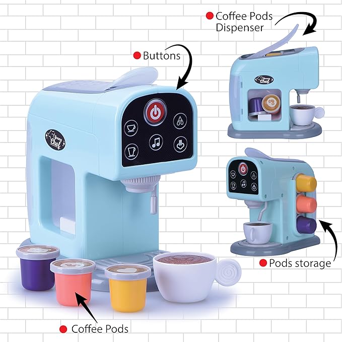 Small World Toys Kids Coffee Maker with Lights and Sound, Cuppa Joe Coffee Maker with Cup and Pods, Automatic Shut-Off Espresso Machine, Realistic Kids Coffee Playset, Gift for Girls and Boys