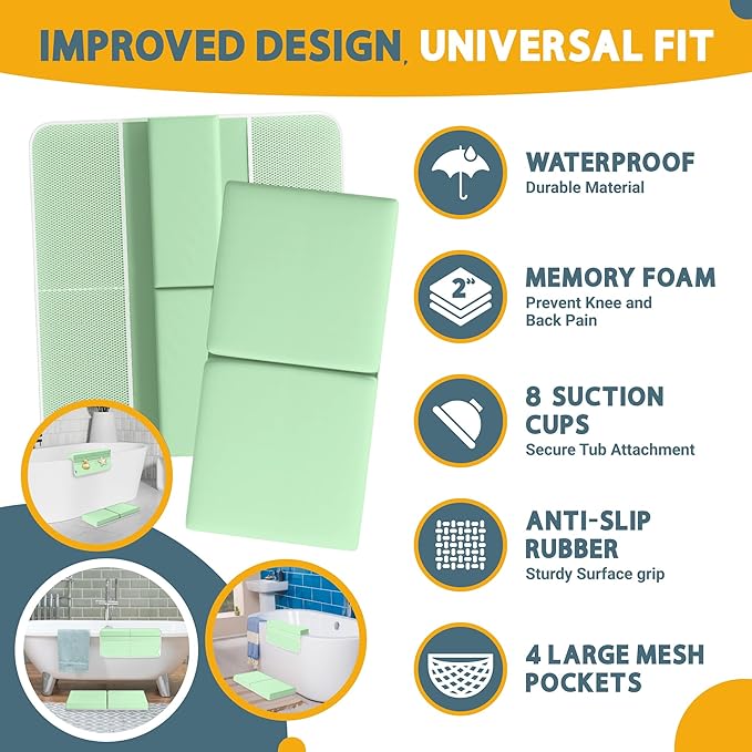 Baby Bath Kneeler and Elbow Rest Pad Set, 2-Inch Thick, Memory Foam, Water-Resistant Mat – Bath Time Essentials Cushion and Bath Kneeling Pad for Bathing Baby with Bathtub Toy Organizer (Mint Green)