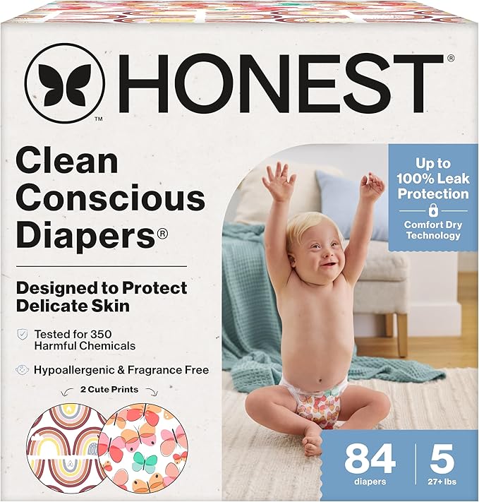 The Honest Company Clean Conscious Diapers for Sensitive Skin, Up to 100% Leakproof Hypoallergenic Fragrance-Free Baby Diapers, Girl Prints, Super Club Box, Size 5 (27+ lbs), 84 Count (Prints Vary)