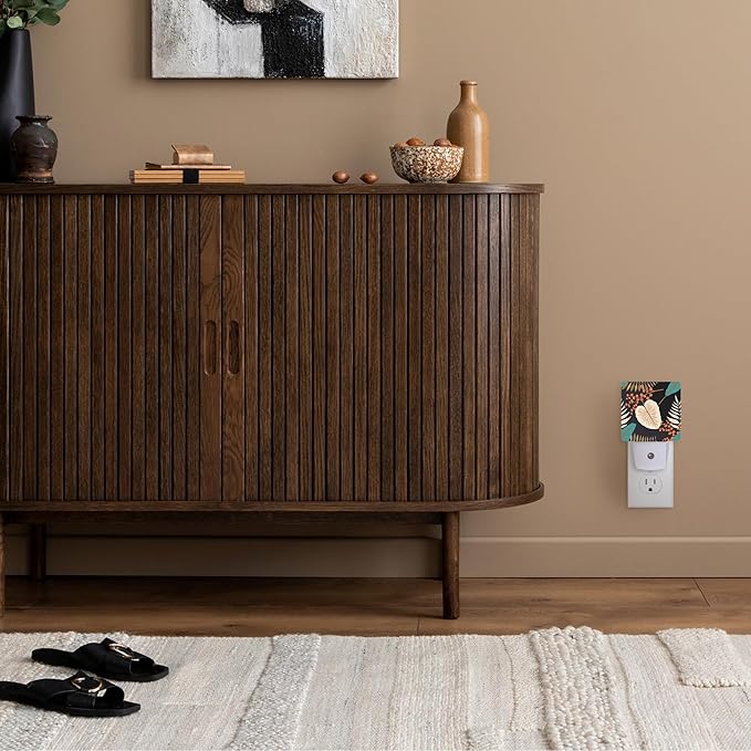 Tropical Leaves Night Light - Plug into Wall, Blue Orange and Black Flowers Night Light with Dusk to Dawn Sensor for Room Decor, Hallway, Kitchen, Bathroom