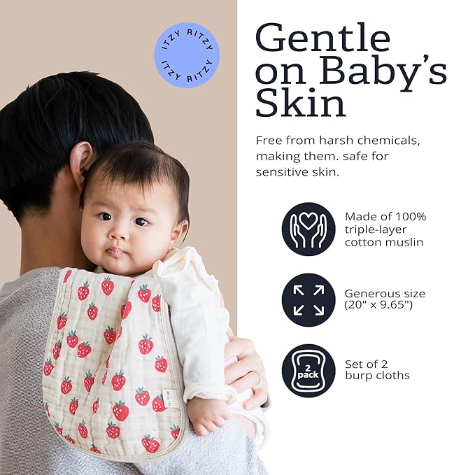 Itzy Ritzy Set of 2 Baby Burp Cloths – Ultra-Soft Absorbent Burping Cloths for Babies - Made of 100% Cotton Muslin and Generously Sized with Trendy Coordinating Prints – Machine Washable (Strawberry)