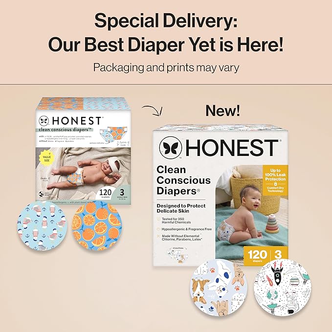 The Honest Company Clean Conscious Diapers for Sensitive Skin, Up to 100% Leakproof Hypoallergenic Fragrance-Free Baby Diapers, Gender Neutral Prints, Super Club Box, Size 3 (16–28 lbs), 120 Count