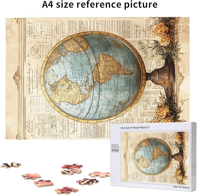 Classic Globe with Detailed World Map and Vintage Documentation, Beautifully Complemented by Decorative Roses，1000 Piece Adults Wooden Jigsaw Puzzle，Ideal for Relaxation and Family Fun