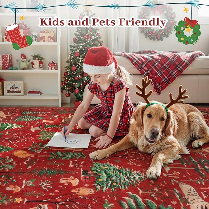 OJIA Christmas Rugs 5x7 Washable Rugs for Living Room, Xmas Red Holiday Rug Soft Animal Bedroom Carpet Ultra-Thin Entryway Rug, Non-Slip Throw Carpet for Kids Nursery Playroom Dining Room