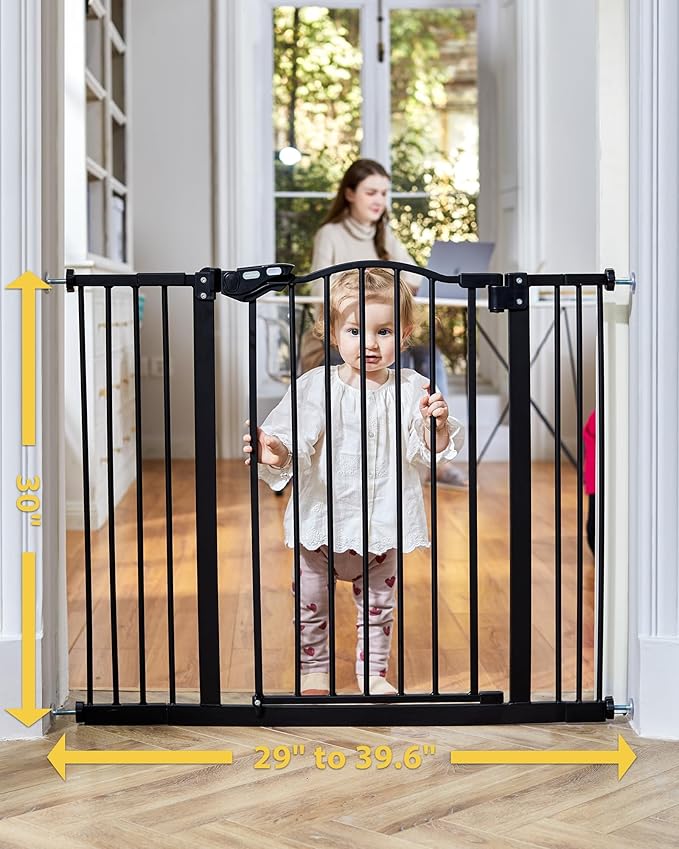InnoTruth 29-39.6”Baby Gate for Stairs & Doorways,30" Tall Dog Gate for Pets,Dual-Lock Safety and One Hand Opening Design,Pet Gate for Hallways,Outdoors,Wall-Friendly Pressure Mounted, Pure Black