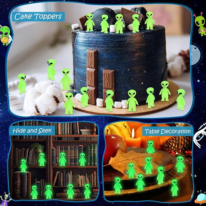 40 Pcs Glow in the Dark Mini Alien Figures Set with Card and Gift Bag for Space Birthday Party Favors Halloween Little Small Tiny Alien Figurines Statue for Hide and Seek(Green)