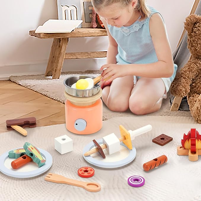 Wooden Campfire Playset – 25-Piece Kids S’Mores & Grill Pretend Camping Kitchen Toy, Glow-Look Fire, Skewers, Pan & Food, STEM Screen-Free Outdoor BBQ Gift for Boys & Girls Age 3+
