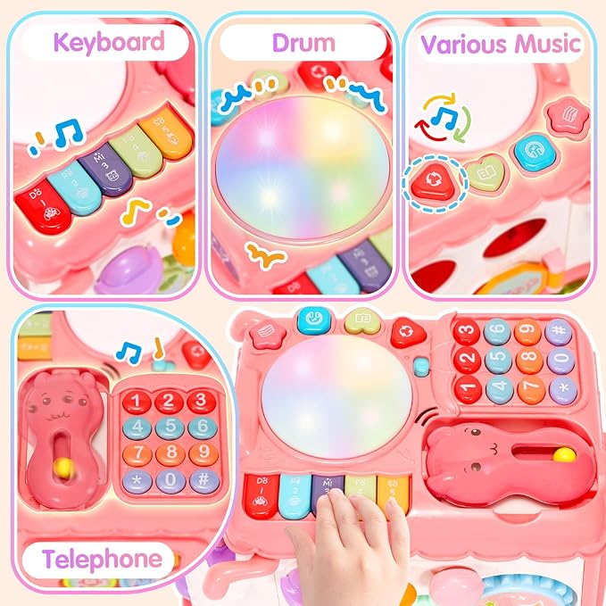 Baby Gift for 1-2 Year Old Girl, 10-in-1 Montessori Toys Bus for Baby 6-12-18 Months+, Educational Musical Sensory Learning Toddler Toys Age 1-2, First Christmas and Birthday Gifts Pink