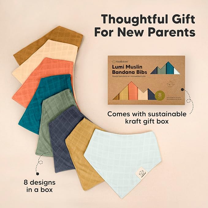 KeaBabies 8-Pack Muslin Baby Bibs for Boys, Girls - Muslin Bandana Drool Bibs for Baby Girl & Boy, Drooling Newborn, Teething Toddler, Infant 0-36 months, 100% Cotton Extra Absorbent & Soft (Eclipse)