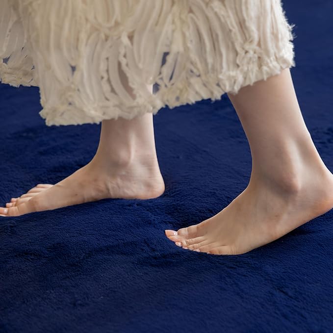 Loartee Faux Rabbit Fur Rug - 1.18" Thick Soft Fluffy Area Rug, Non-Slip Memory Foam Crawling Mat, Dark Blue, 78"x94"