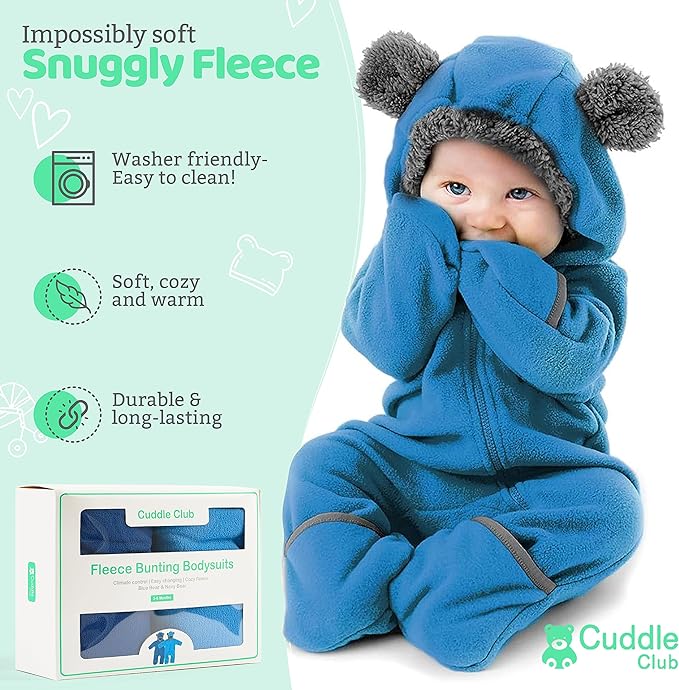 Cuddle Club Fleece Baby Bunting Bodysuit with Hood, Convertible Mittens & Booties, Car Seat Friendly, Soft & Warm, Easy Zip