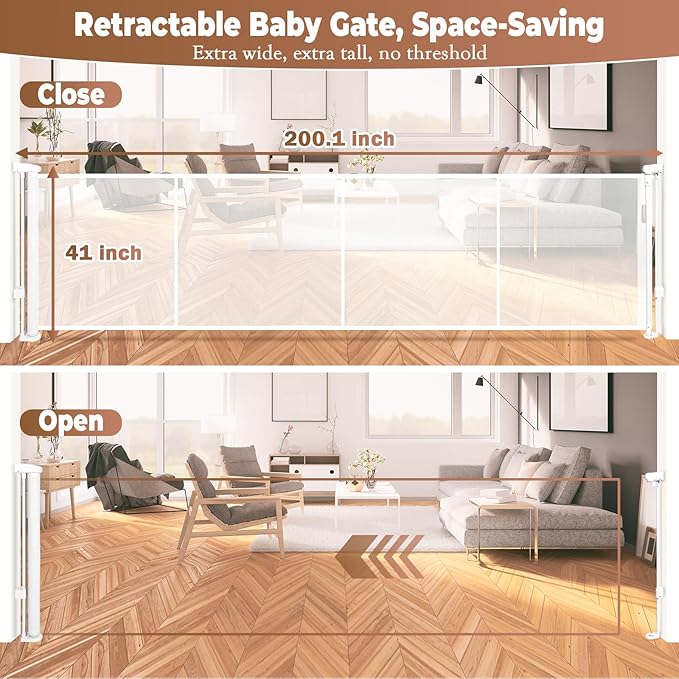 200.1" Retractable Baby Gate Extra Wide, 41" Tall Retractable Dog Gate for Stairs, Doorways, Decks, Mesh Gate Long Child Gate Pet Gate for Indoor, Outdoor, with Reinforced Mesh Rods, Dual Locks