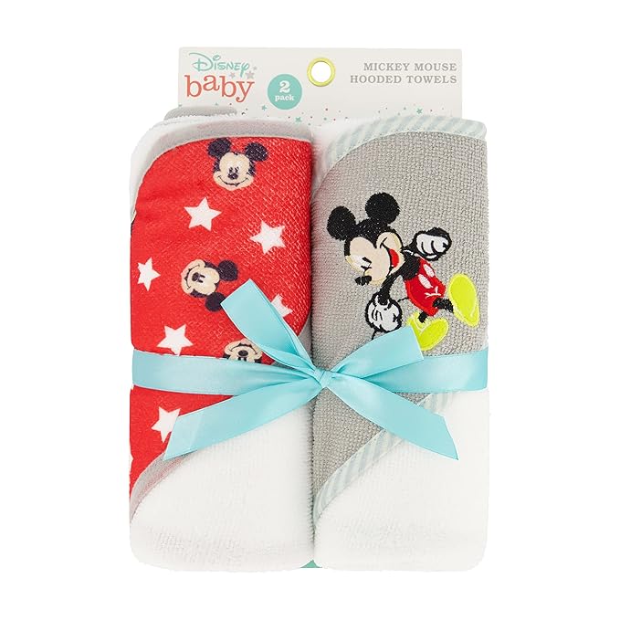 Disney Cudlie Baby Boy Mickey Mouse 2 Pack Rolled/Carded Hooded Towels in Little Stars Print