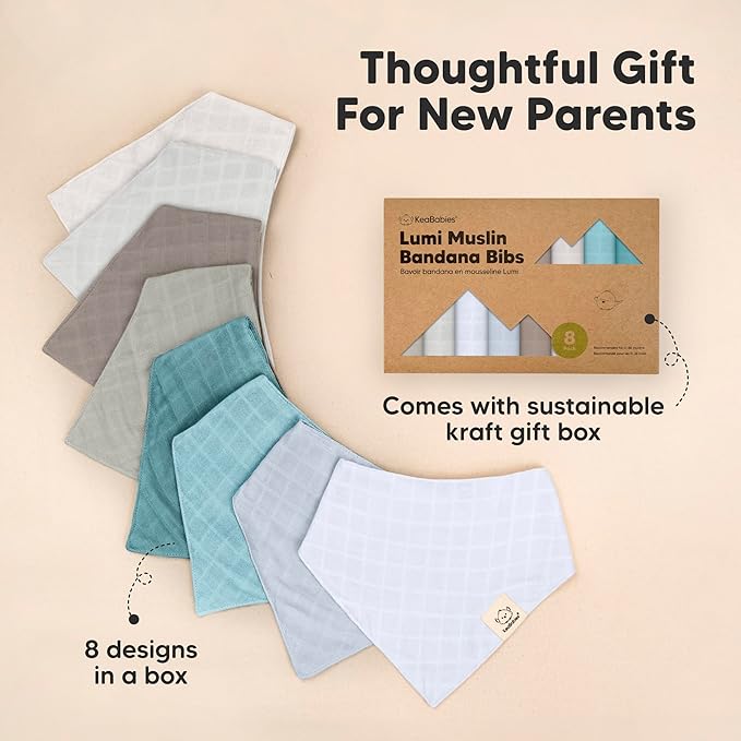KeaBabies 8-Pack Muslin Baby Bibs for Boys, Girls - Muslin Bandana Drool Bibs for Baby Girl & Boy, Drooling Newborn, Teething Toddler, Infant 0-36 months, 100% Cotton Extra Absorbent & Soft (Nimbus)