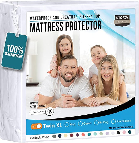 Utopia Bedding Waterproof Mattress Protector Twin XL Size, Premium Terry Mattress Cover 200 GSM, Breathable, Fitted Style with Stretchable Pockets (White)