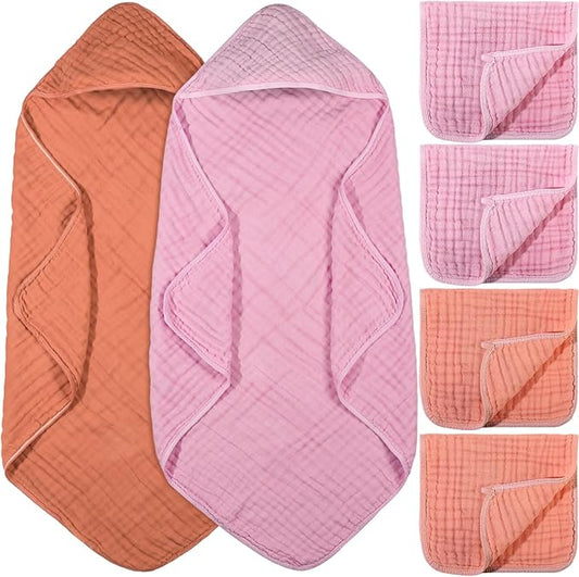 VitalCozy 6 Pcs Baby Muslin Hooded Bath Towels and Washcloths, 32 x 32 Inch Cotton Absorbent Blankets for Newborn Infant Shower Gift (Pink, Orange)