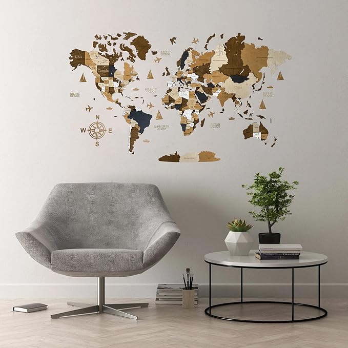 Wooden World Map 3D Art Large Wall Decor - Size (M, L, XL) Any Occasion Gift Idea - Wall Art For Home, Kitchen or Office