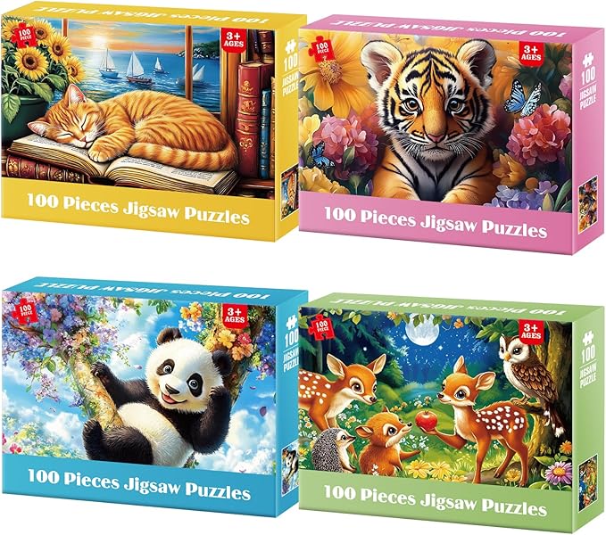 4-Pack 100 Pieces Puzzles for Kids Ages 4-6 6-8 Panda Tiger Deer Cat Puzzles 100 Pieces Jigsaw Puzzles for Kids 8-10 Year Old, Large Piece Puzzle for Seniors, Puzzle Toys for Boys and Girls