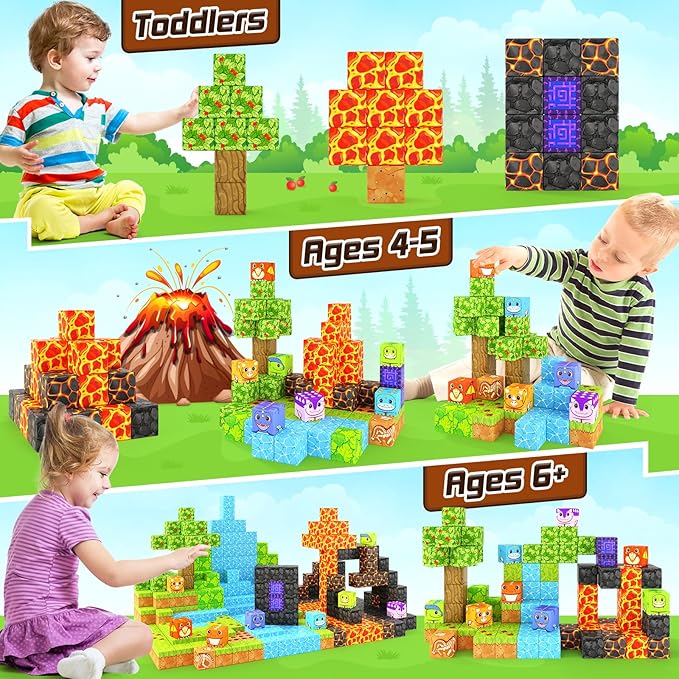 Dinosaur Toys Magnetic Blocks - Build Mine Magnet World Dinosaur Adventure Set, Magnetic Building Blocks Outdoor Toddler Toys for 3+ Year Old Boys & Girls, Creative Jurassic Scenes Kids Toy Games