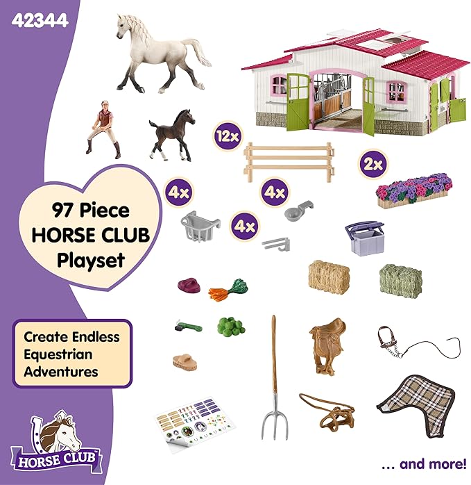 Schleich Horse Club - 97PC Riding Center Horse Toy Playset with Rider, 2 Horses, Barn and Farm Figurine Accessories for Girls and Boys - Interactive Play Figures - Realistic Kids Toys Ages 5+ | 42344