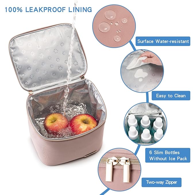 Breast Milk Cooler Bag with Ice Pack Fits 4 Baby Bottles Up to 9 Ounce, Baby Bottle Bag for Nursing Mom Daycare, Pink