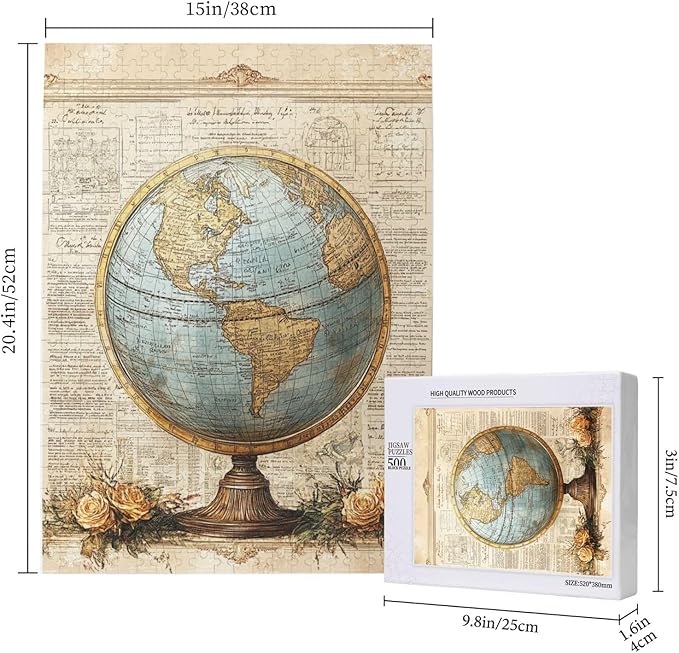 Classic Globe with Detailed World Map and Vintage Documentation, Beautifully Complemented by Decorative Roses，500 Piece Adults Wooden Jigsaw Puzzle，Ideal for Relaxation and Family Fun