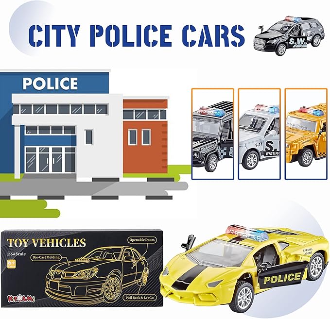 KIDAMI Die Cast Metal Toy Cars Set of 5, Little Openable Doors Pull Back Car Gift Pack for Kids (Police car)