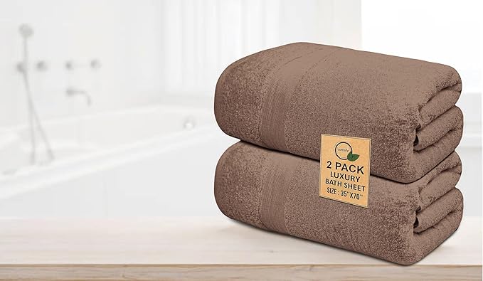 100% Cotton Luxury Bath Sheets - Pack of 2 (35" x 70") | Super Soft, Quick-Dry & Highly Absorbent Towels for Bathroom, Home, Spa & Gym (Taupe)