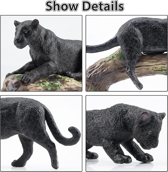 Toymany 7PCS Black Panthers Figurines with Panther Cub and Tree Trunk, Realistic Jungle Animals Figures Family Playset, Educational Toy Cake Toppers