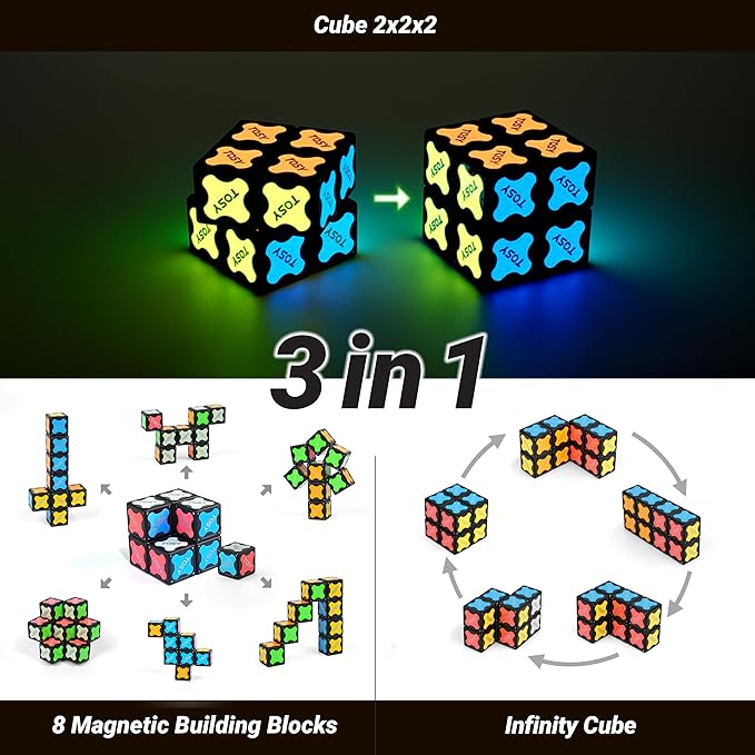 TOSY Magnet Cube 2x2 - 8 Blocks, 2in1 Toy: 2x2x2 Puzzle Cube and Customizable Infinity Cube, Glowing w/ UV Flashlight, Christmas Stocking Stuffers Gift for Kids/Grandkids, STEM Toy, 2-Pack