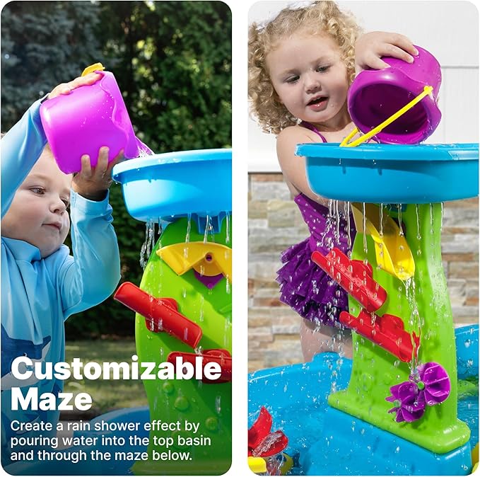 Step2 Rain Showers Splash Pond Water Table with Cover, Kids Water and Sand Activity Sensory Playset, Summer Outdoor Toys, 13-Piece Water Toy Accessories, for Toddlers 1.5+ Years Old, Blue & Green