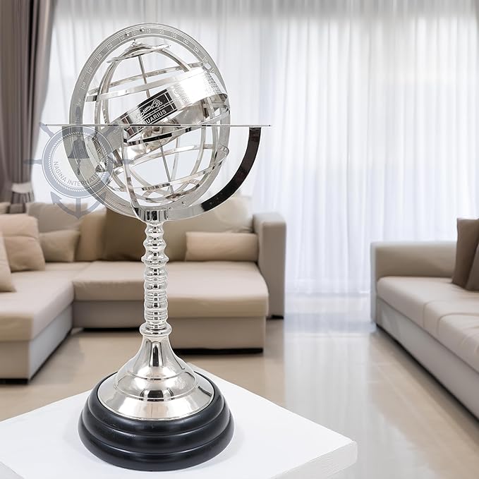 Nagina International Antique Vintage Zodiac Armillary Brass Sphere Globe Wooden Display | Pirate's Antique Ship Decor (XL, Nickel Plated)