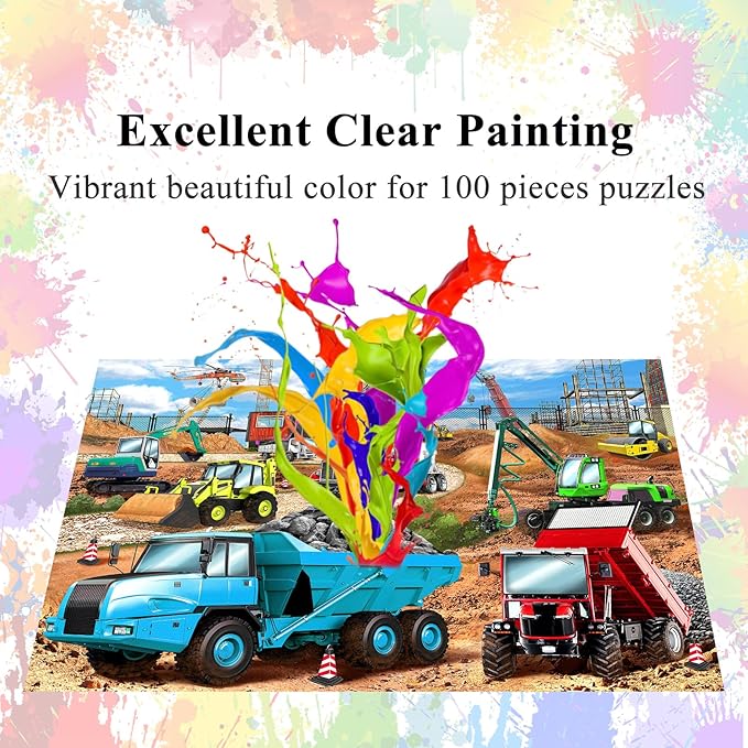 HUADADA Puzzles for Kids Ages 4-8, Construction Vehicles 100 Piece Puzzles for Kids Educational Jigsaw Puzzles Toys for Boys and Girls Age 4, 5, 6, 7, 8-10 Years Old (15" x 10")