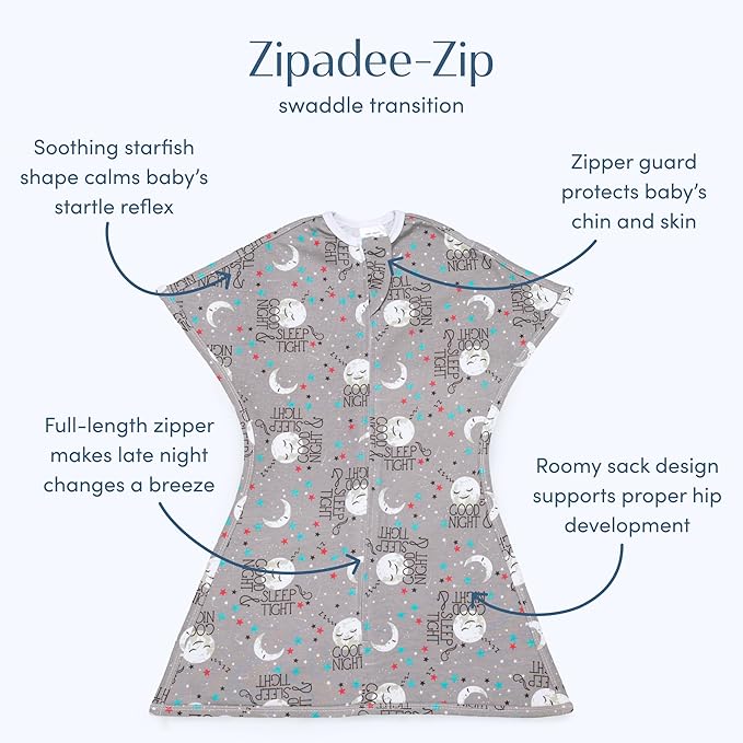 SleepingBaby Zipadee-Zip Transition Swaddle - Cozy Baby Swaddle Blanket with Zipper Convenience - Roomy Wearable Blanket for Easy Diaper Changes - Goodnight Moon, Large (12-24 Month)