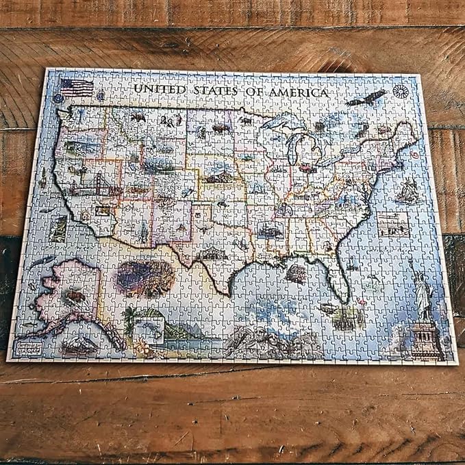 USA Map Cardboard Jigsaw Puzzle - 1000 Pieces, Hand-Illustrated - Educational, Family Activity, Ages 7+ - Includes Poster - 25.4 x 19.8