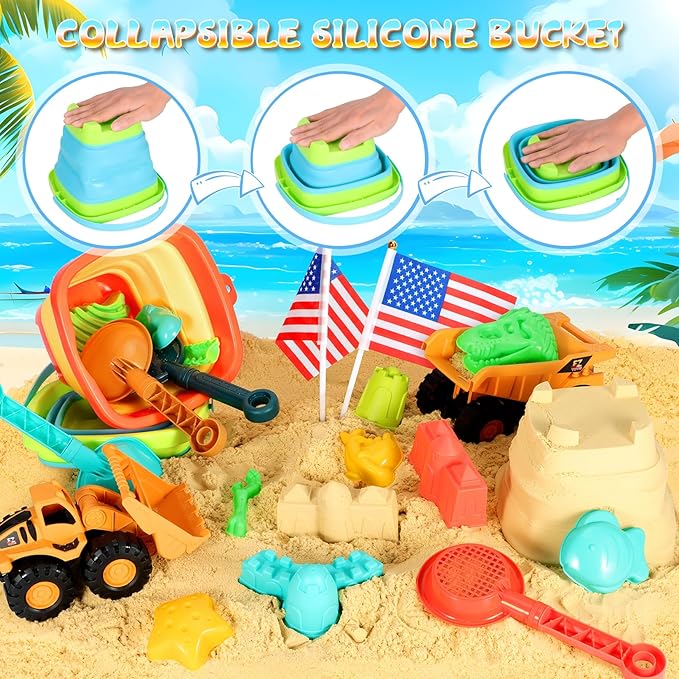 Beach Sand Toys for Kids, 29PCS Sandbox Toys with 2 Collapsible Bucket Sand, 2 Dump Truck, Dinosaur Molds, Castle Building Kit, Shovel Sieve,Flags,Mesh Bag Travel Beach Toys for Toddler 3-10