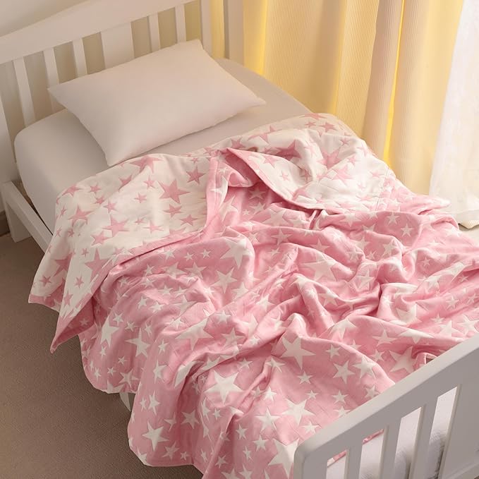 NTBAY 3 Layer Toddler Blanket, Muslin Cotton Jacquard Bed Blankets, Lightweight Thermal Baby Blanket, Super Soft and Warm Crib Blanket for All Seasons, Decoration Gift, 30"x40", Pink Star