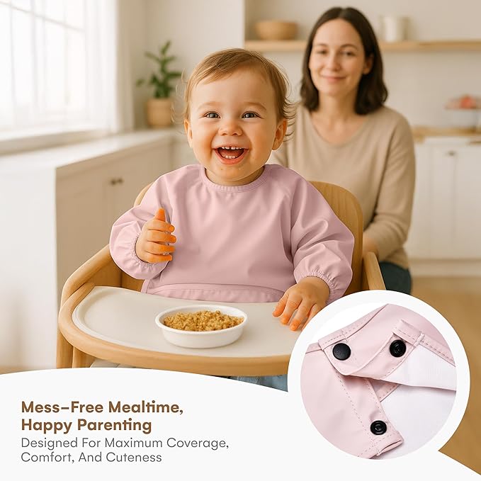 CHILDLIKE BEHAVIOR Baby Smock Bib - Waterproof Travel Buddy, Mess-Proof Feeding - Long Sleeves, Gentle Closure- Two-Layer